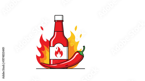Spicy hot sauce bottle with red chili pepper and flames illustration representing heat and flavor intensity.