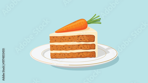 Slice of carrot cake with cream cheese frosting and a small decorative carrot on top served on a white plate.