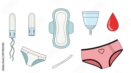 Collection of feminine hygiene products including tampons, pads, menstrual cups, and underwear on white background.
