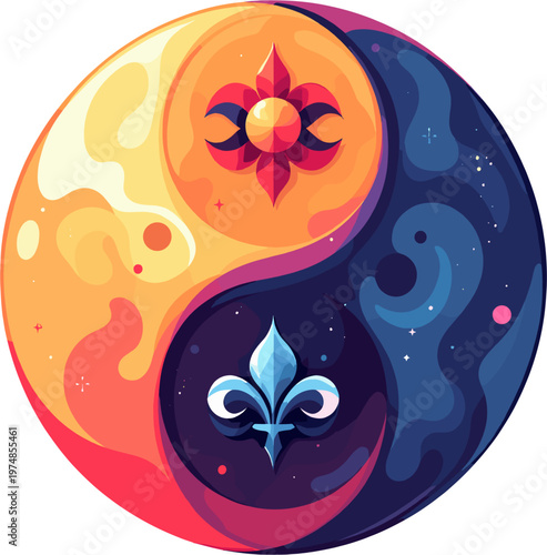 Abstract yin yang symbol, colorful modern taoism balance concept, spiritual harmony and duality illustration