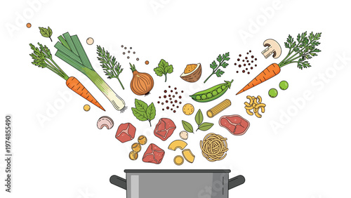Soup pot with fresh vegetables, meat, pasta, and herbs flying into it to represent healthy home cooking.