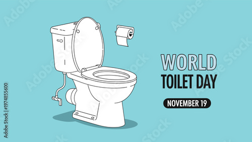 World toilet day awareness poster featuring a ceramic toilet and toilet paper roll on a blue background.