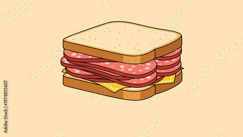 Thick sandwich with multiple layers of salami meat and cheese on white bread slices on light yellow background.