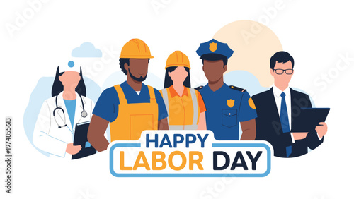 Happy labor day banner featuring workers of different professions including doctor, builder, and police officer.