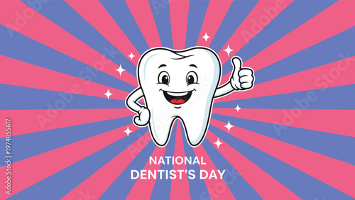 cheerful cartoon tooth gives a thumbs up on a vibrant pink and blue starburst background celebrating national dentist's day.