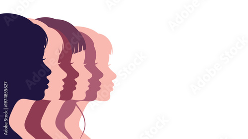 profiles of diverse women with different skin tones standing together to represent female empowerment and multi-ethnic unity.