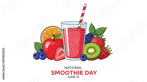 healthy red fruit smoothie in a glass with a straw is surrounded by fresh berries apples and kiwi for national smoothie day.