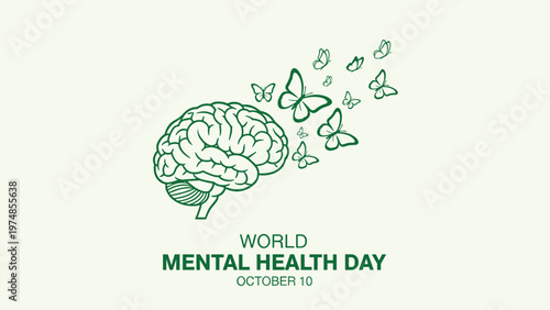 delicate line drawing of a human brain with butterflies flying away represents mental health awareness on world mental health day.