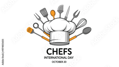 white chef hat surrounded by various kitchen tools like whisks and spatulas commemorates chefs international day in october.