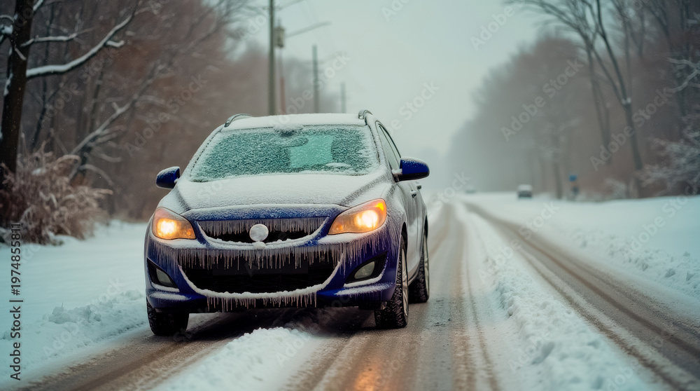 Fototapeta premium A blue car is driving down a snowy road. The car is covered in ice and snow, and the road is slippery. The scene is cold and dark, with the snow falling from the trees
