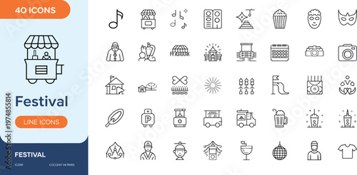 Festival line icons set, event celebration symbols, carnival, party, music, food stalls, fireworks, editable stroke vector illustration collection