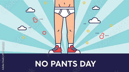 person stands in white underwear and red sneakers on a vibrant starburst background to celebrate no pants day with humor.