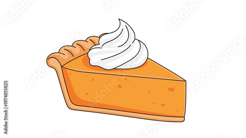 slice of bright orange pumpkin pie with a golden crust and a swirl of whipped cream is isolated on a white background.