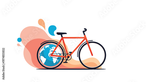 red bicycle with a globe in place of the rear wheel speeds through colorful splashes to promote sustainable transport.