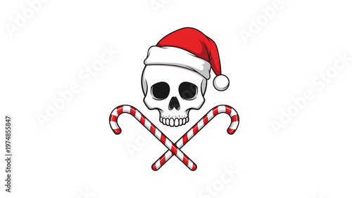 pirate style skull wears a red santa hat with crossed candy canes below to create a festive and edgy christmas holiday graphic.