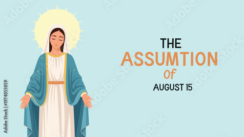illustration of the virgin mary with a halo is presented against a light blue background for the assumption of august 15.