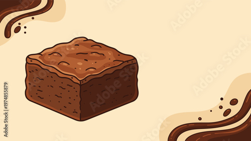 square chocolate brownie with a rich texture is placed on a light cream background with artistic dark chocolate splashes.