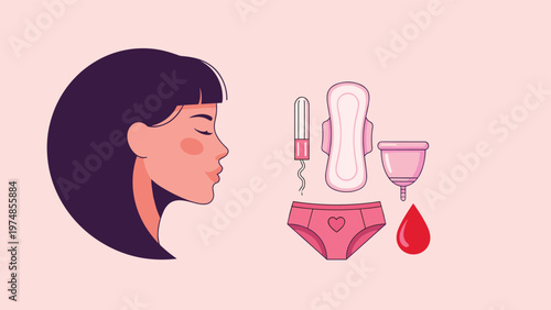 profile of a woman is shown alongside menstrual hygiene products like tampons and pads to promote period health and awareness.