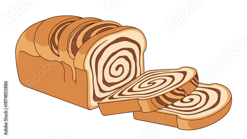 Loaf of cinnamon swirl bread with two slices on a white background features a delicious spiral pattern of spice.