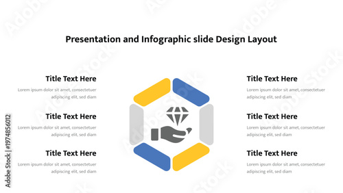 Central hand holding diamond icon within segmented hexagon and multiple text fields