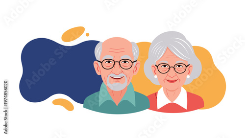 Happy senior man and woman with grey hair and glasses stand together against a colorful abstract background.