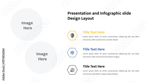 Circular image placeholders and text sections with hexagonal icons for presentation slides