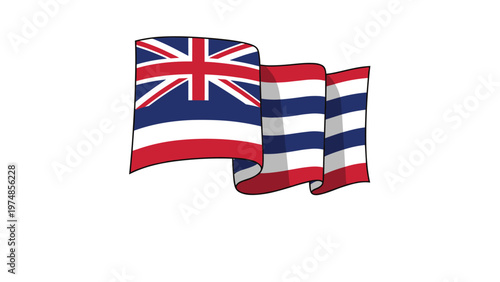State flag of Hawaii featuring the British Union Jack and alternating stripes of red, white, and blue waves in the air.