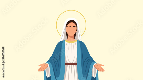 Flat illustration of the Virgin Mary wearing a blue cloak and white veil with a golden halo around her head.
