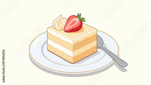 Square slice of cream cake topped with a swirl of whipped cream and a fresh strawberry half sits on a white plate.