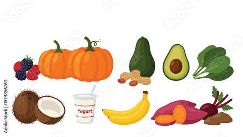 Selection of nutritious whole foods includes pumpkin, berries, avocado, nuts, coconut, yogurt, banana, and vegetables.