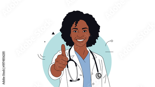 Smiling black female doctor in a white lab coat with a stethoscope gives a confident thumbs up gesture of approval.