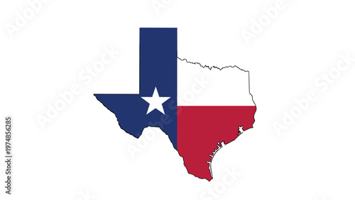 State map of Texas is filled with its iconic lone star flag design featuring bold blue, white, and red sections.