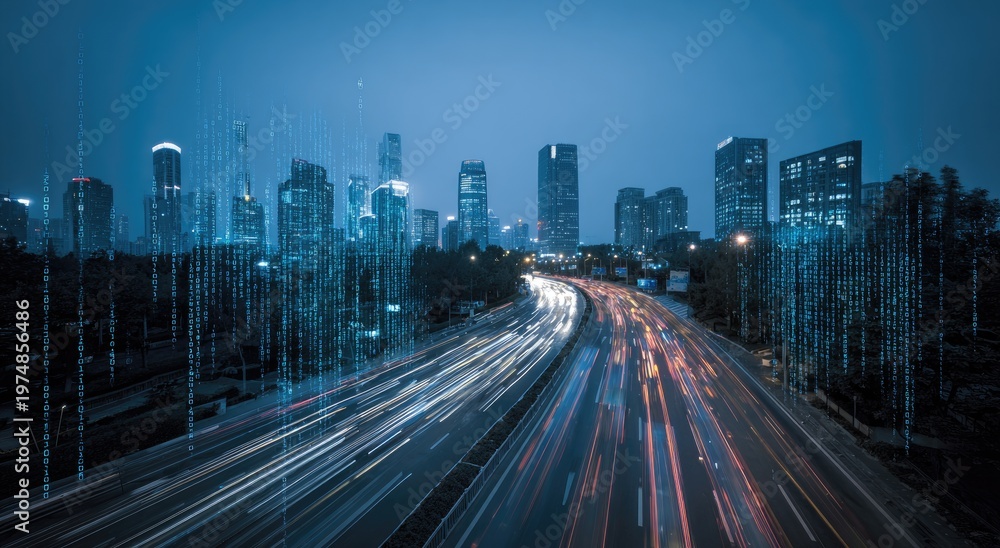 Fototapeta premium Illuminated city skyline at night with blurred vehicle light trails on highway