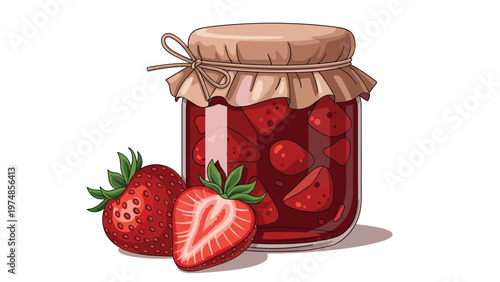 Glass jar filled with vibrant red strawberry jam sits next to two fresh whole and sliced strawberries on a surface.