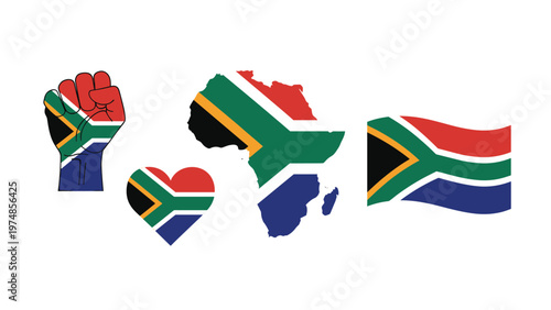 South African national pride symbols including a map, heart, flag, and fist are decorated with the colors of the flag.