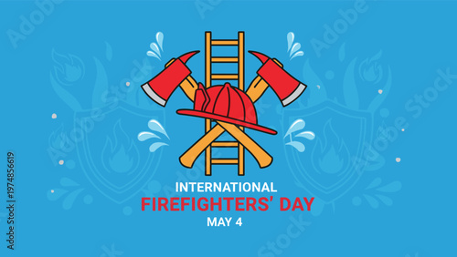 Firefighting equipment including axes, a helmet, and a ladder arranged with a shield and water splashes for International Firefighters Day.