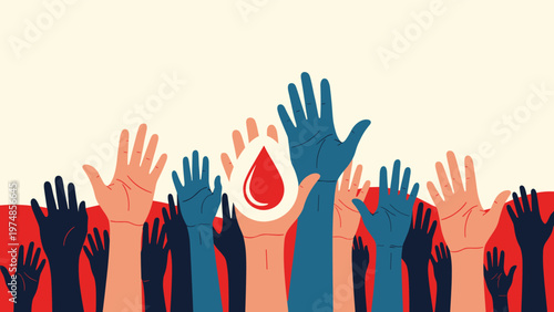 Many hands of different colors raised together with a white blood drop icon in the center for blood donation awareness.
