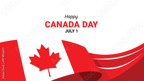 Canadian flag with its iconic red maple leaf waving elegantly for Happy Canada Day on July 1 celebrated with red and white colors.