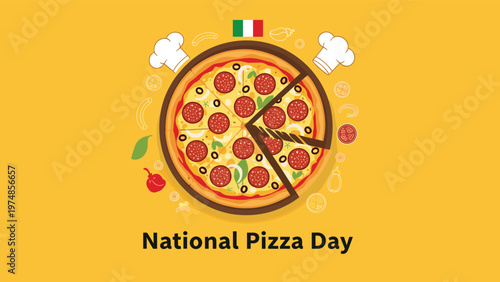 Whole pepperoni pizza with a slice removed surrounded by ingredients like peppers and tomatoes for National Pizza Day celebration.