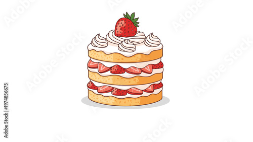 Delicious three layer strawberry cake with white frosting and fresh strawberry slices on top and between the layers.