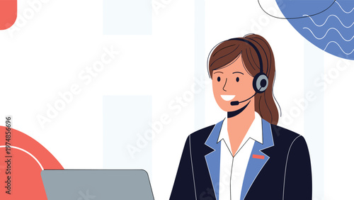 Professional female customer service representative with a headset working at her laptop in a modern office setting illustration.
