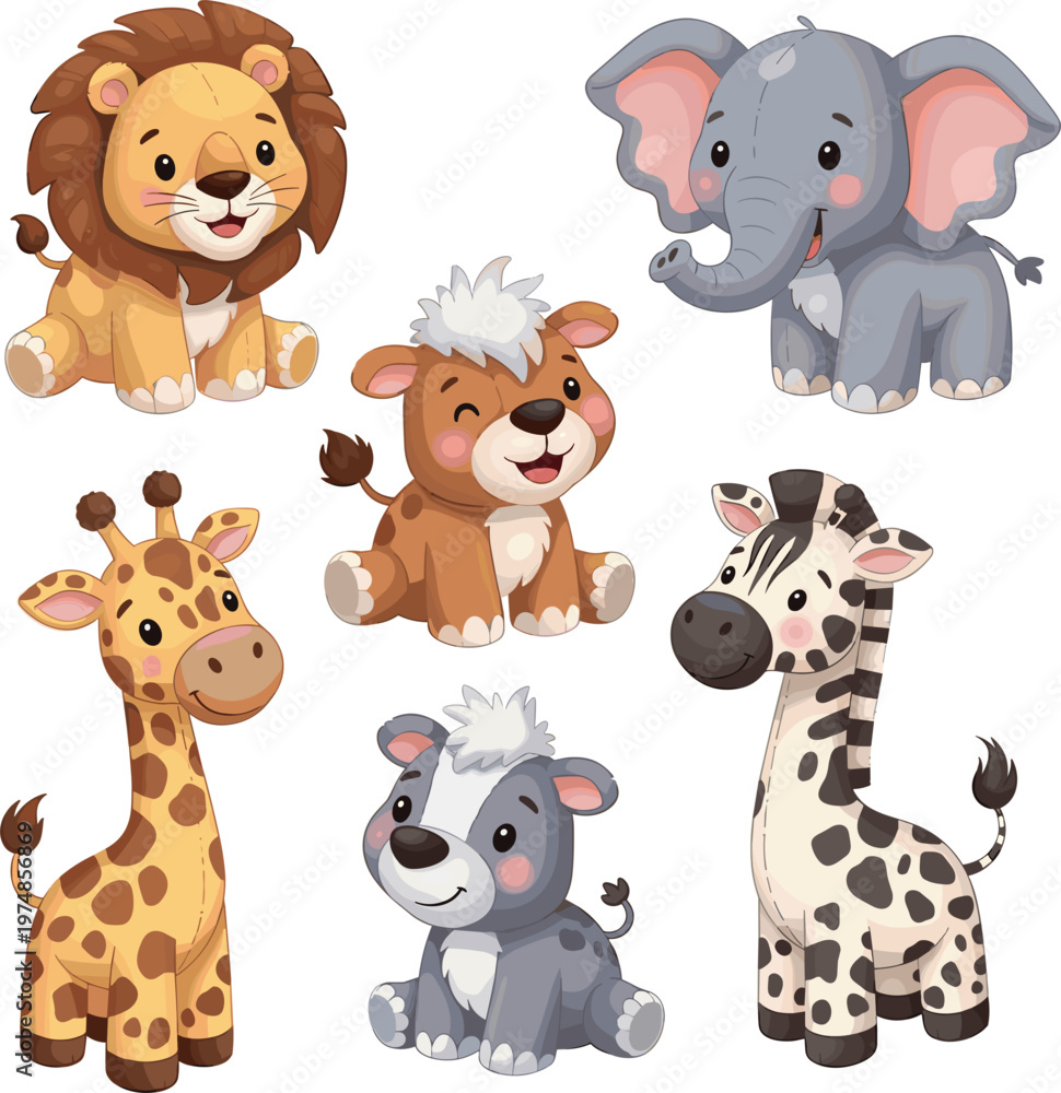 Obraz premium Cute safari baby animals set cartoon lion elephant giraffe zebra calf puppy adorable kids vector illustration collection
