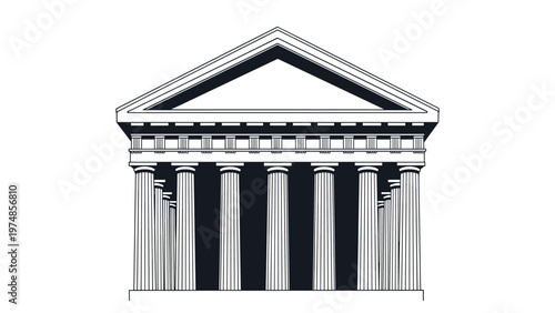Symmetrical front view of a classical building with pillars like a greek temple or courthouse shown in a detailed black and white style.