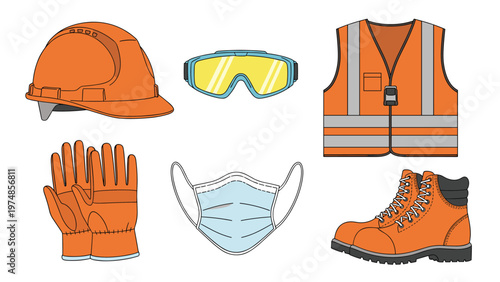 Comprehensive set of personal protective equipment (PPE) including a hard hat, goggles, vest, gloves, mask, and boots for safety.