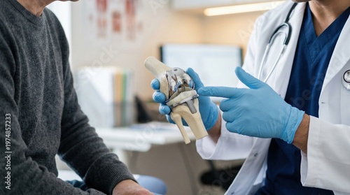 Doctor explaining knee replacement surgery to patient using a model