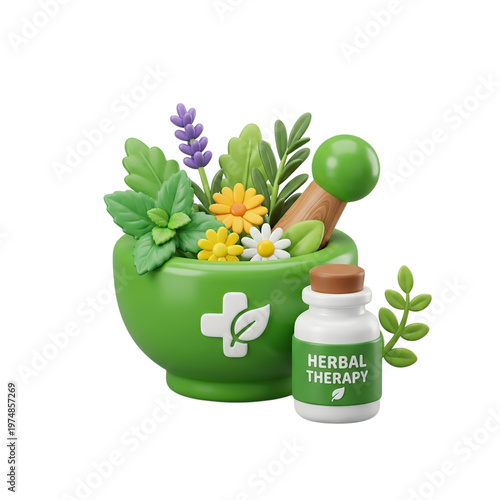 Green Mortar with Herbs and Bottle.