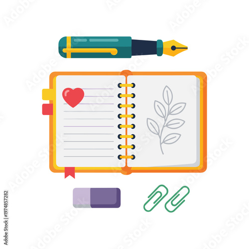 Journaling and stationery items concept vector illustration. opened notebook with pen, eraser, paper clips. creative writing, study supplies, diary, personal journal, art tools.