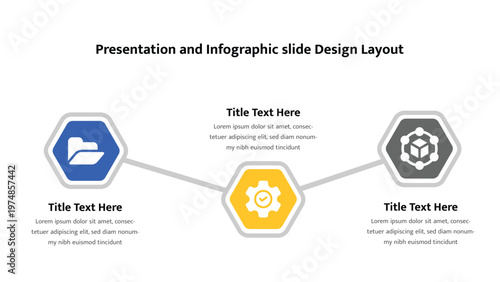 Flowchart process visualization with three hexagonal stages for workflow explanation