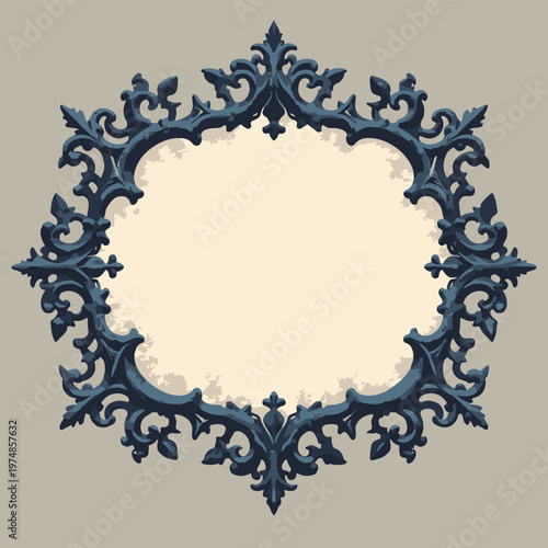 ornate Gothic ironwork speech bubble borders are forged from sharp, intricate wroughtiron fence patterns Dark grey black style Blank center copy