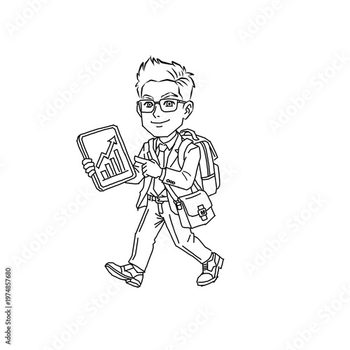 Minimalist black line art of a manga-style businessman walking with a tablet and backpack. Professional male character showing growth charts. Clean vector for fintech and modern work lifestyle.